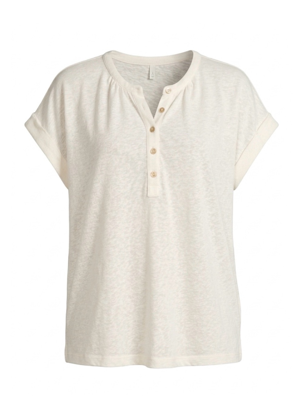 LOFT Ivory Slub Knit Henley Top Cuffed Dolman Short Sleeve Gold Button Medium
